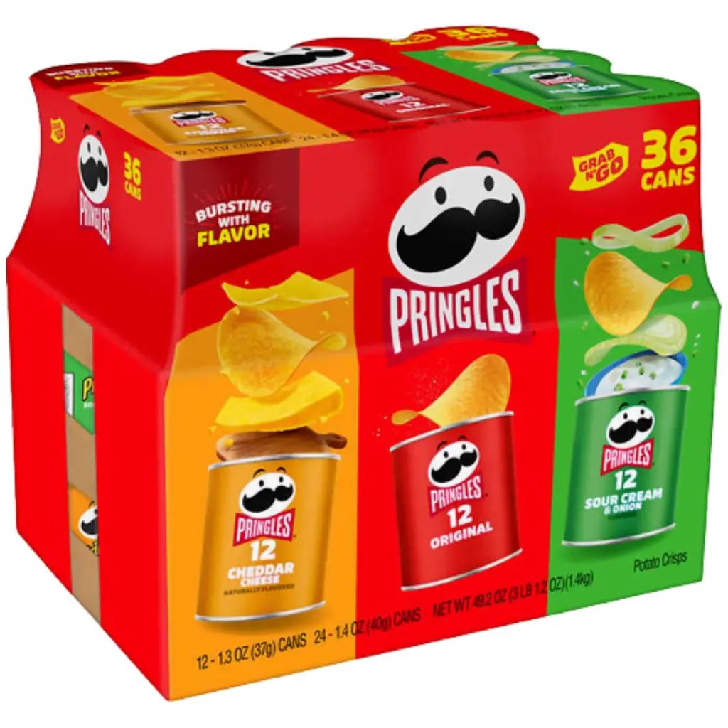 PRINGLES VERIETY PACK OF 36 CANS (12 CHEDDAR CHEESE , 12 ORIGINAL , 12 SOUR CREAM & ONION )