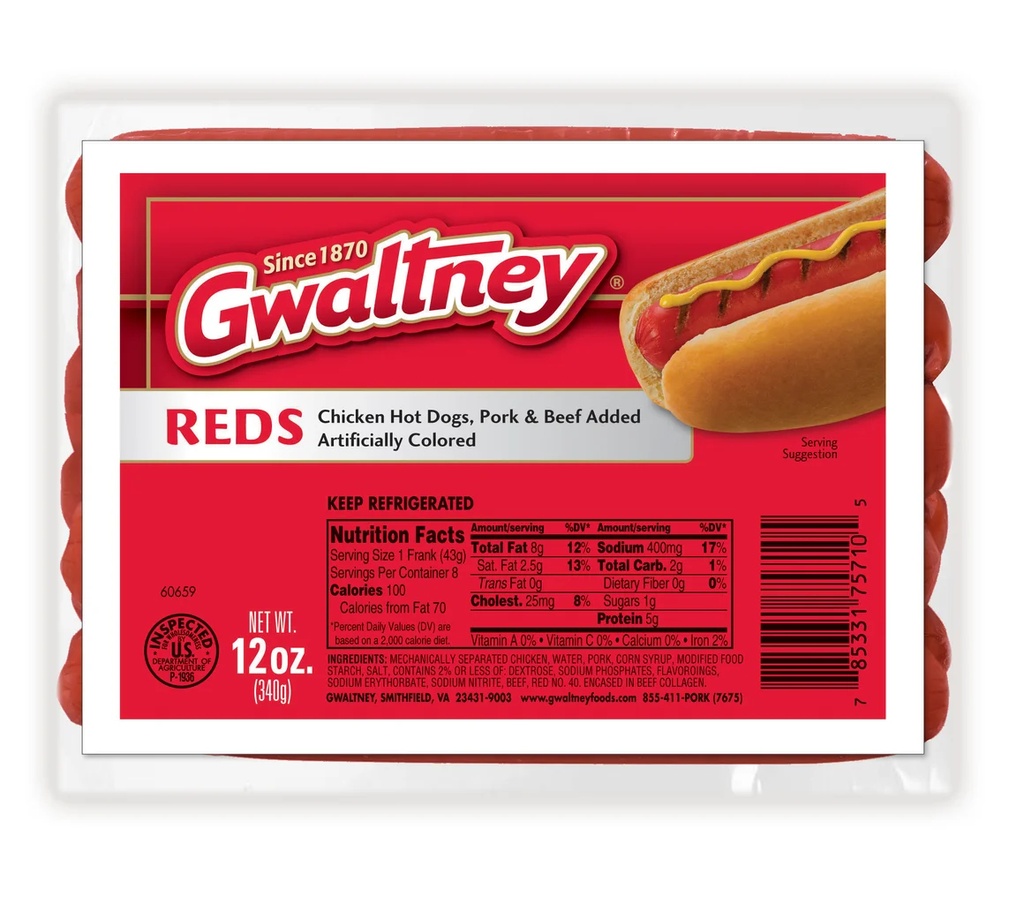 Gwaltney, Reds, Hotdogs, 24-12oz							
