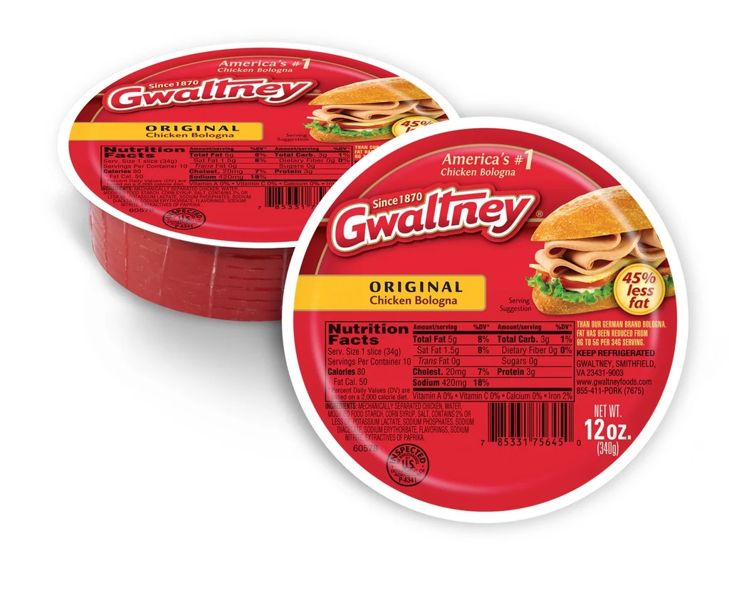 Gwaltney Chicken Bologna, ORIGINAL 16/12oz pack (Lr:20, Pt:160)							
